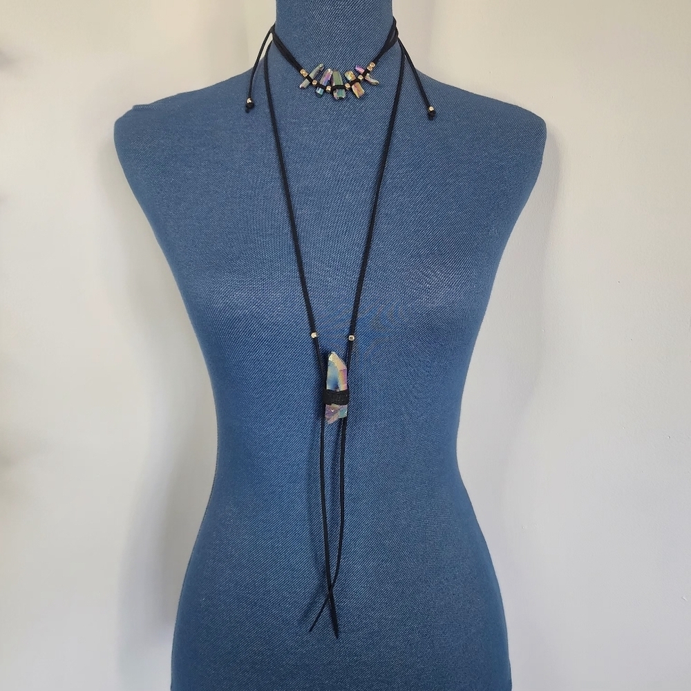 Double Black Cord Adjustable Necklace with Aura Quartz Stones